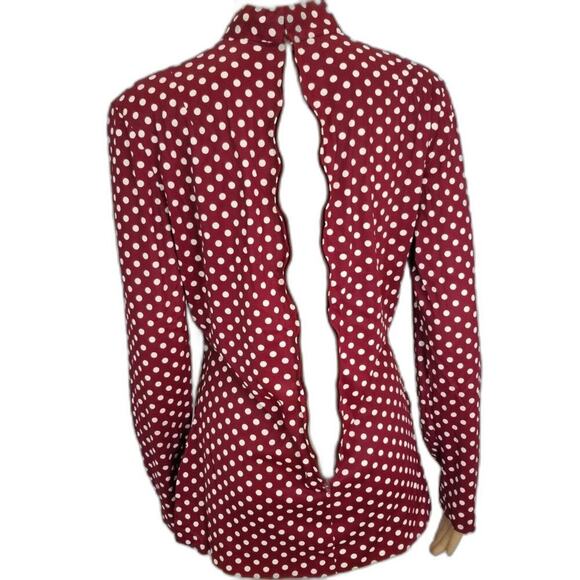 60s Vintage Go Go Burgundy White Polka Dot Long Sleeve Collar Tunic Zipper Slits - Picture 5 of 8